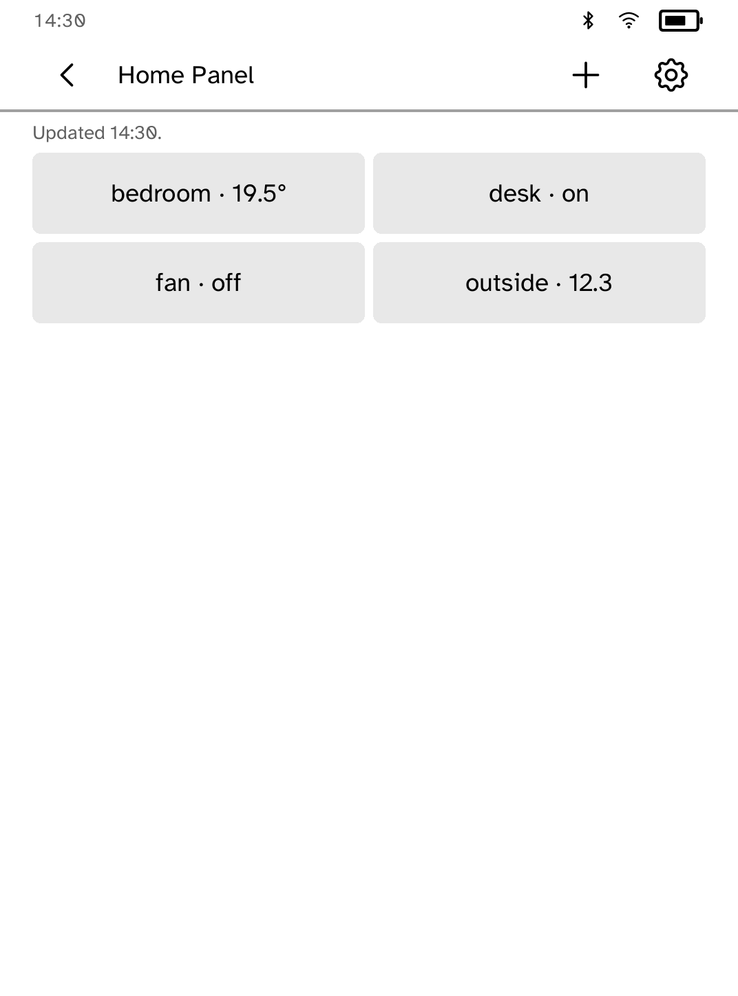 Home Panel tile grid on a Kobo showing four Home Assistant tiles with the last refresh time.