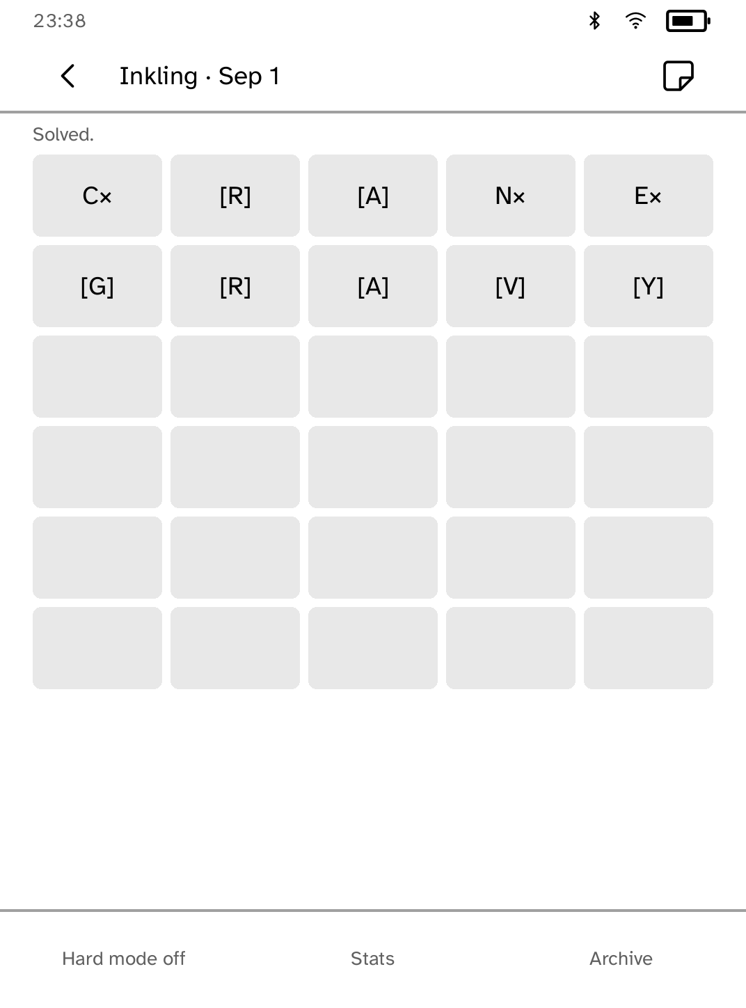 A solved Inkling five-letter daily puzzle with grayscale shape feedback.
