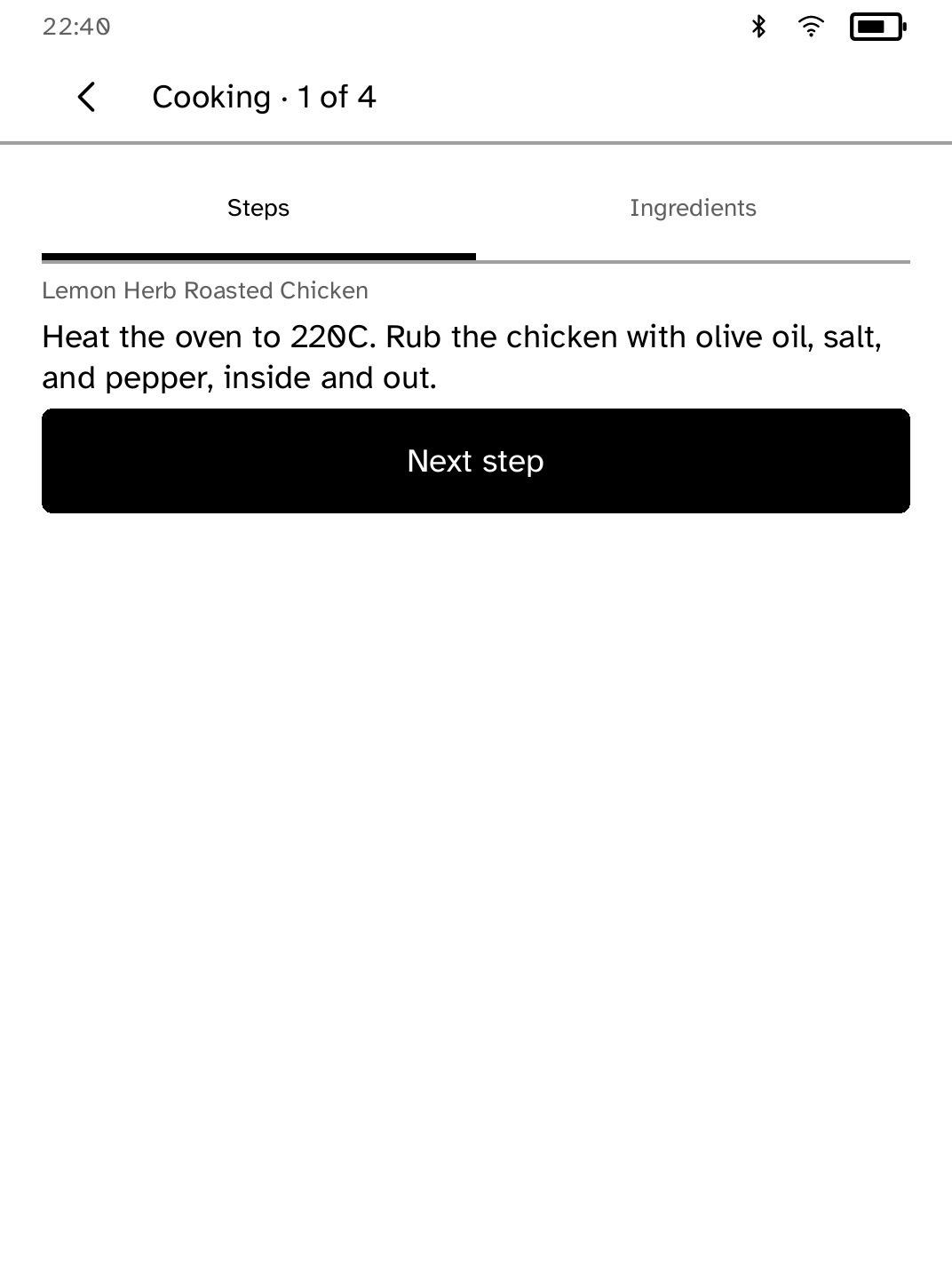 Kitchen Card showing a large cooking instruction with Steps and Ingredients tabs.