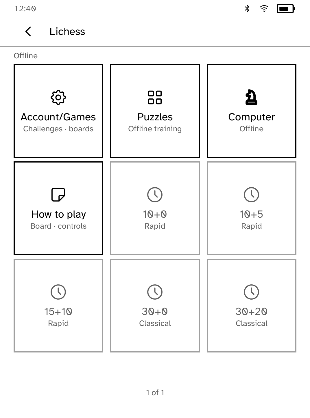 Lichess on Kobo with Account/Games and Puzzles tiles plus rapid and classical time controls.