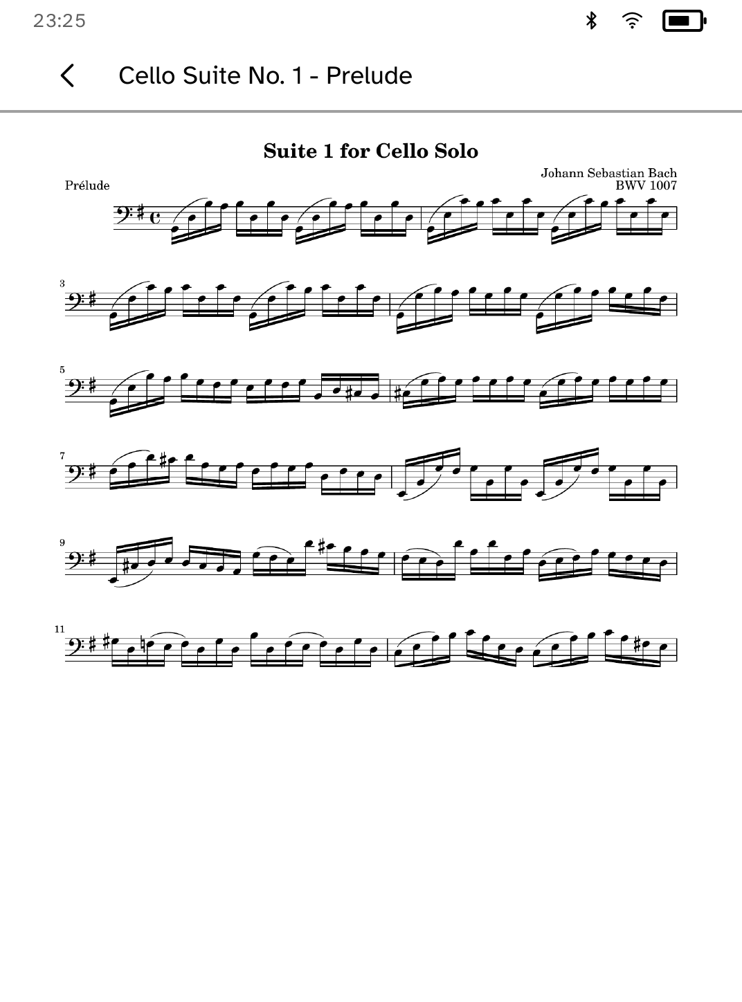 Music Stand showing the Prelude from Bach's Cello Suite No. 1 as a full-page score.