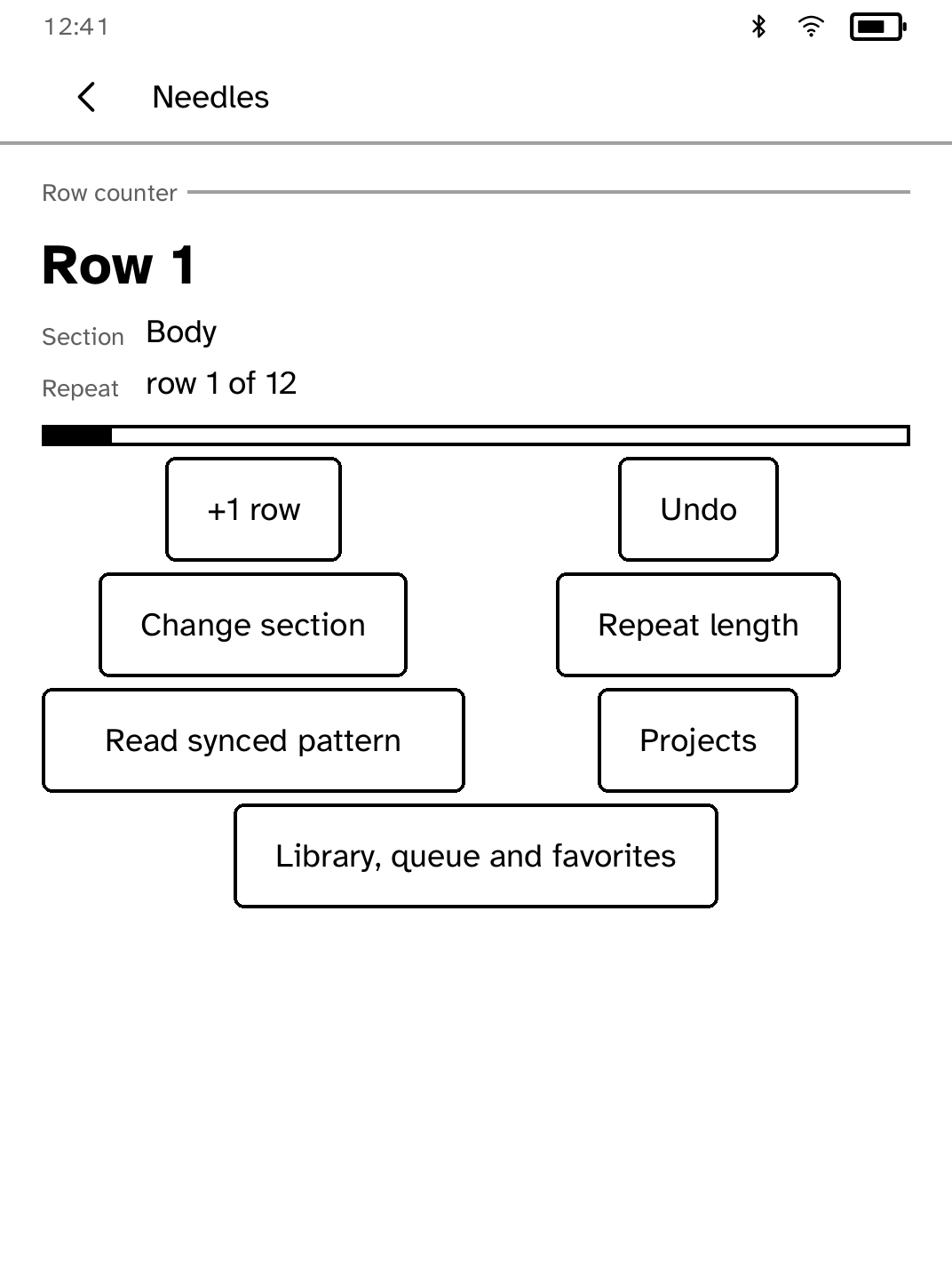 Needles pattern screen with row and repeat counters and a large +1 row button.