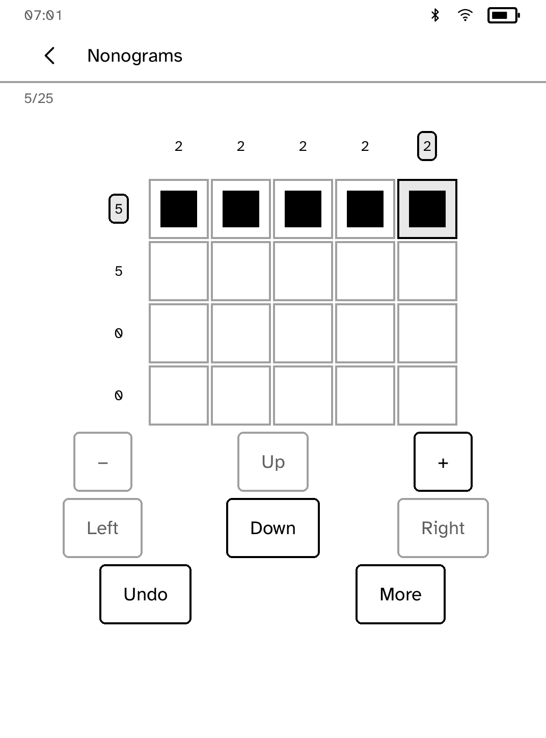 Actual Nonograms simulator capture showing a selected square and its matching row and column clues.