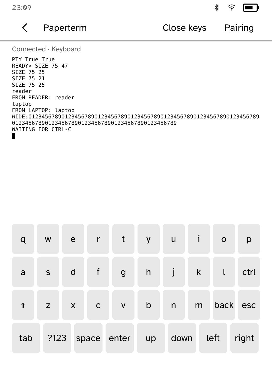 Paperterm sharing a real laptop terminal in portrait, with its keyboard open on a Clara BW simulator.