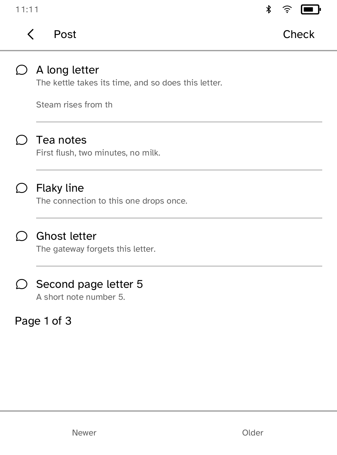 Post inbox showing completed Hermes letters, newest first.