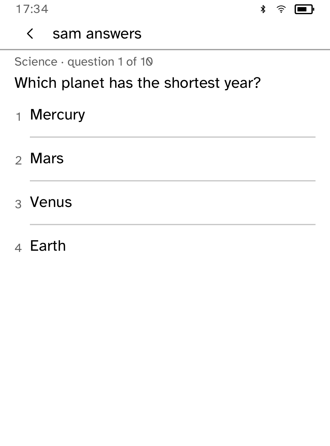 Pub Quiz pass-around question with four large answer choices for Ada.