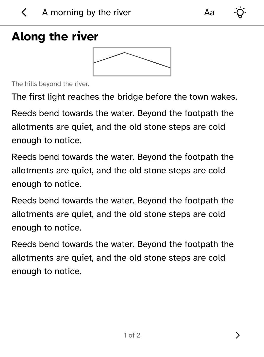 A Miniflux article open on a Kobo with text-size and front-light controls.