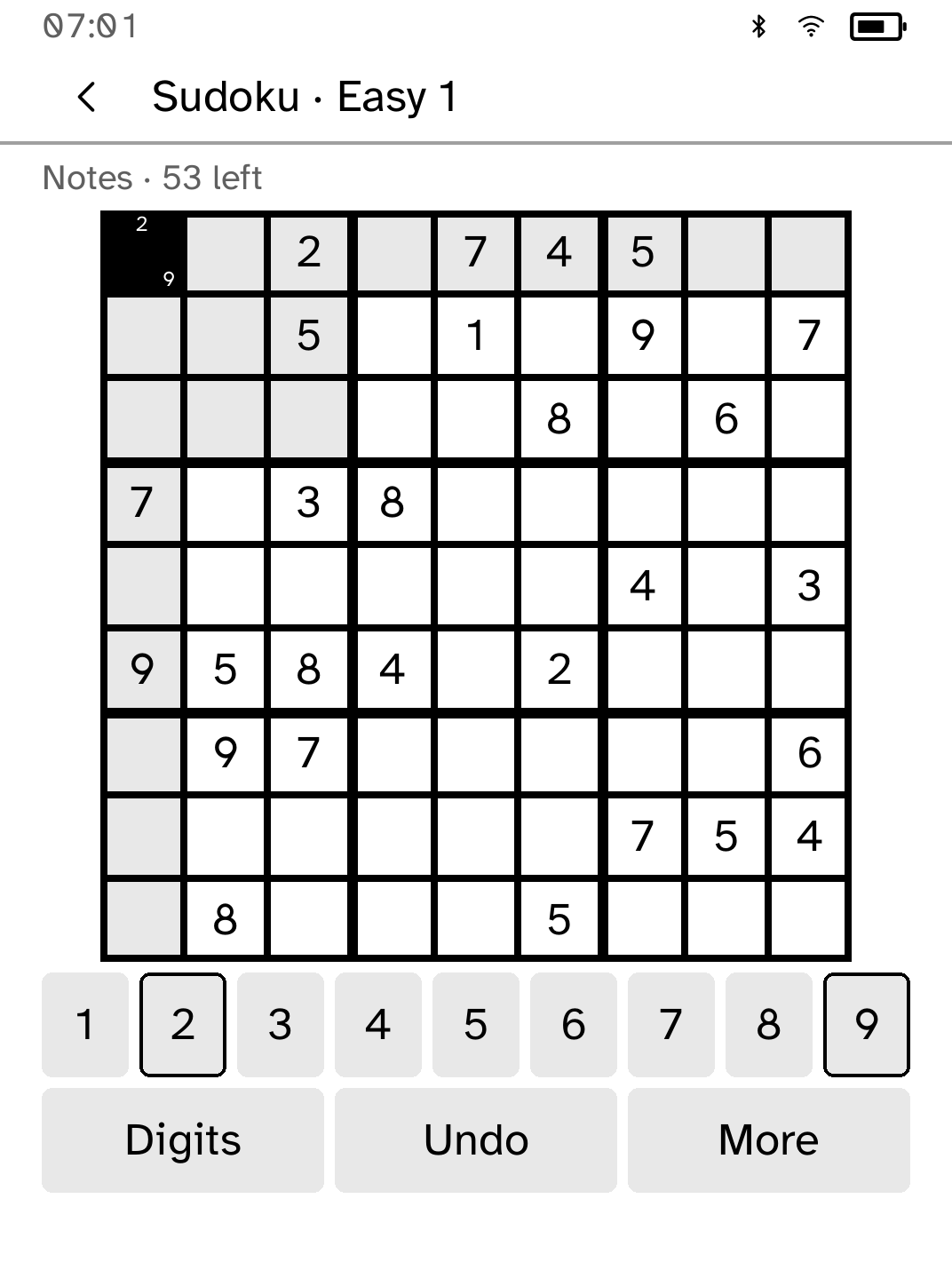 An original Sudoku puzzle with pencil notes, selected keys and a highlighted row and column