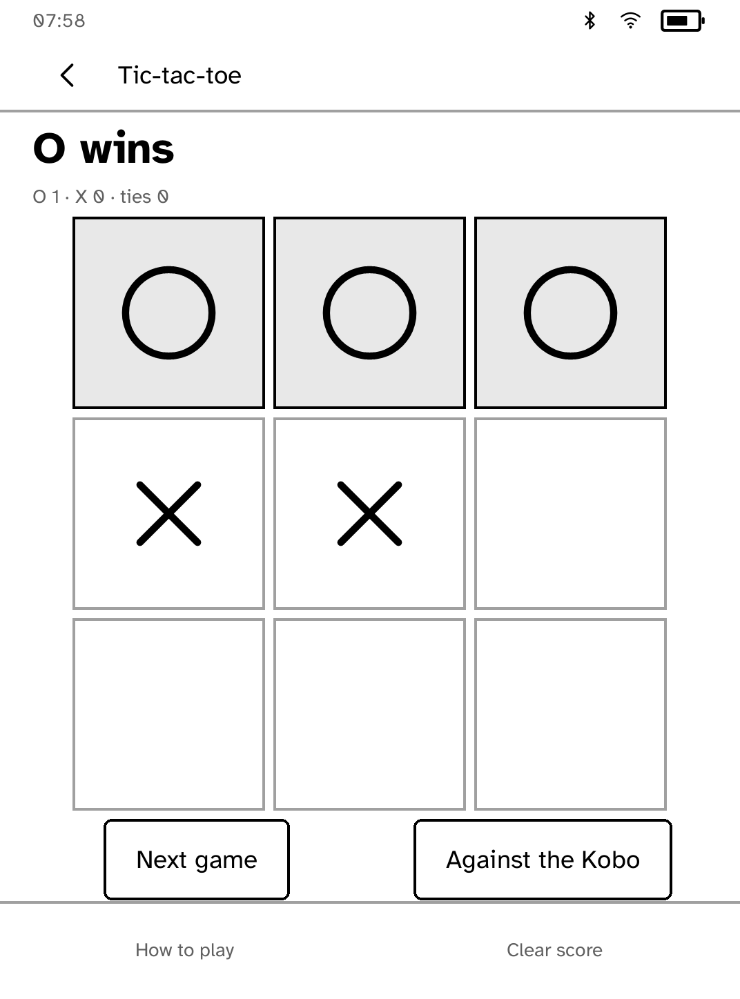 A completed game of tic-tac-toe on a Kobo