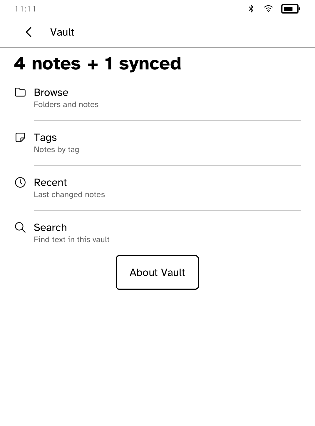 Vault home on a Kobo with four synced notes and Browse, Tags, Recent and Search rows.