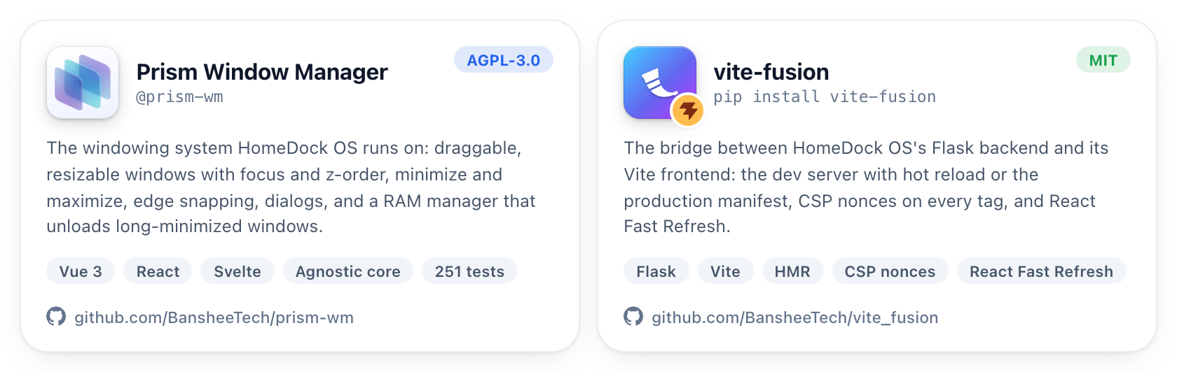 Prism Window Manager (@prism-wm, AGPL-3.0), the windowing system for Vue 3, React and Svelte; and vite-fusion (MIT), the bridge between Flask and Vite with HMR, CSP nonces and React Fast Refresh