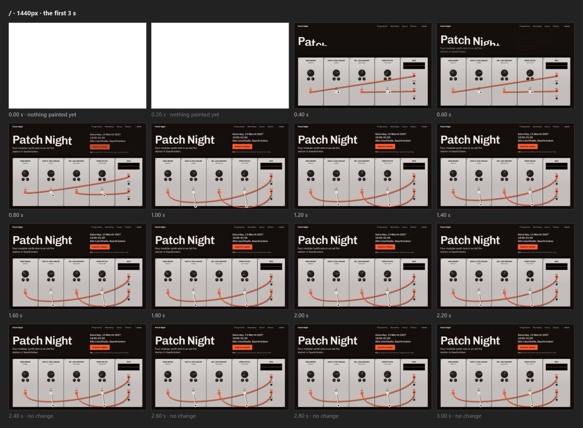 Sixteen frames of the event page loading, each labelled with its time