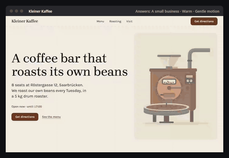 Three example sites loading, each with the interview answers that made it in its title bar