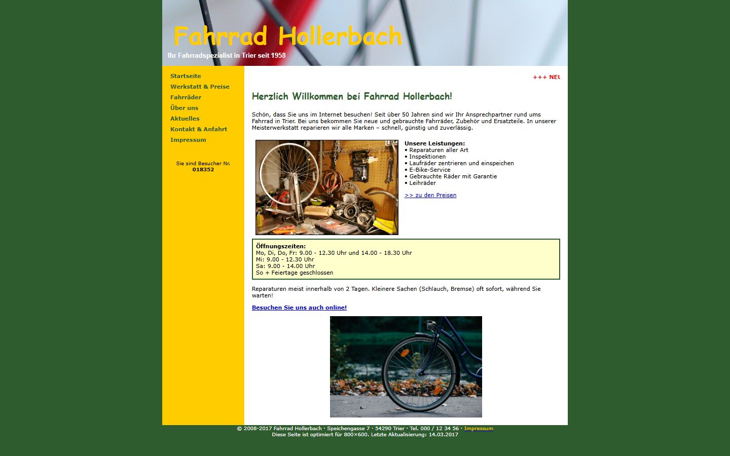 A made-up bike workshop's site from 2008: a yellow menu column, a Comic Sans banner