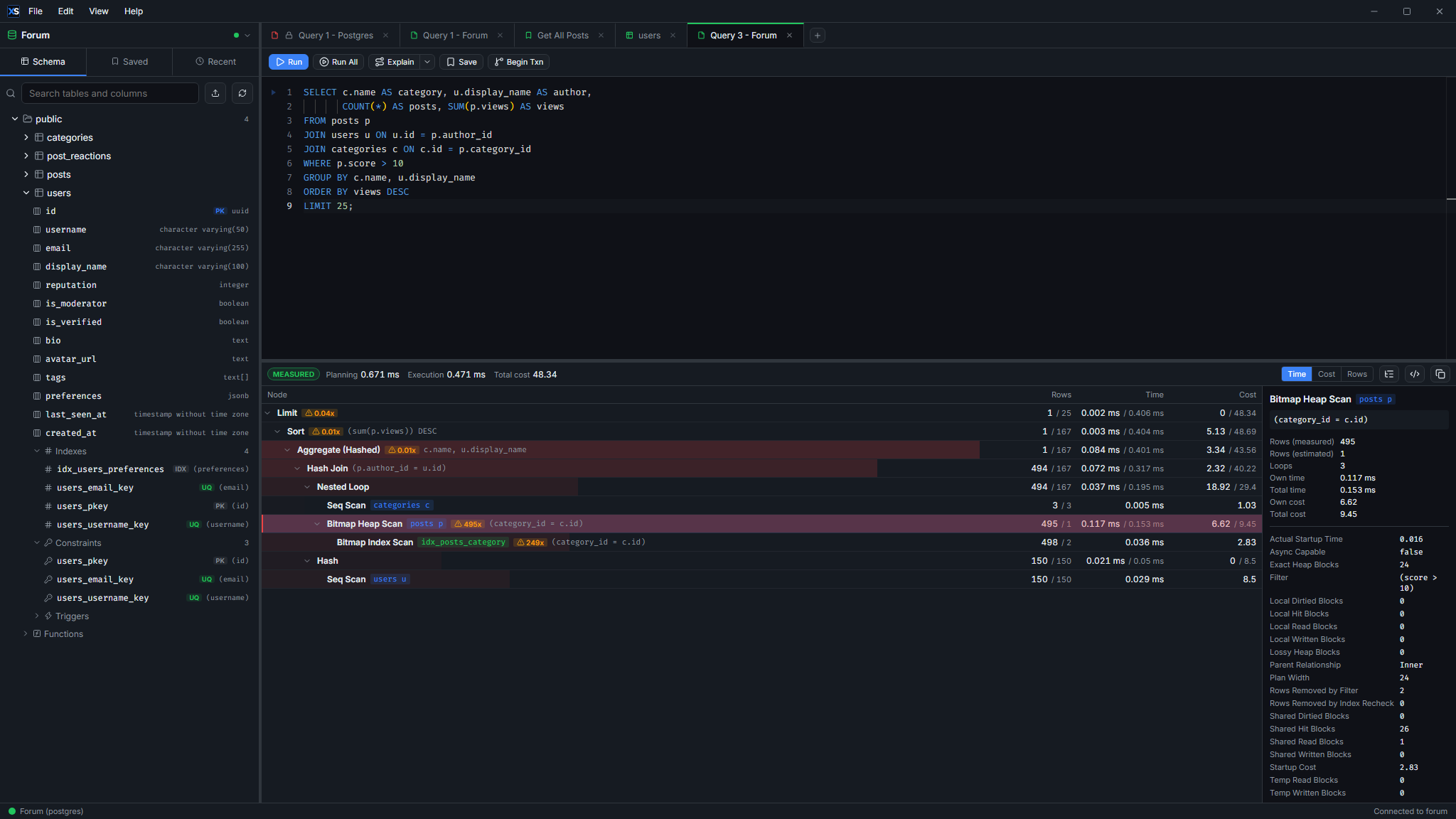 EXPLAIN ANALYZE plan tree with a heat map and node details