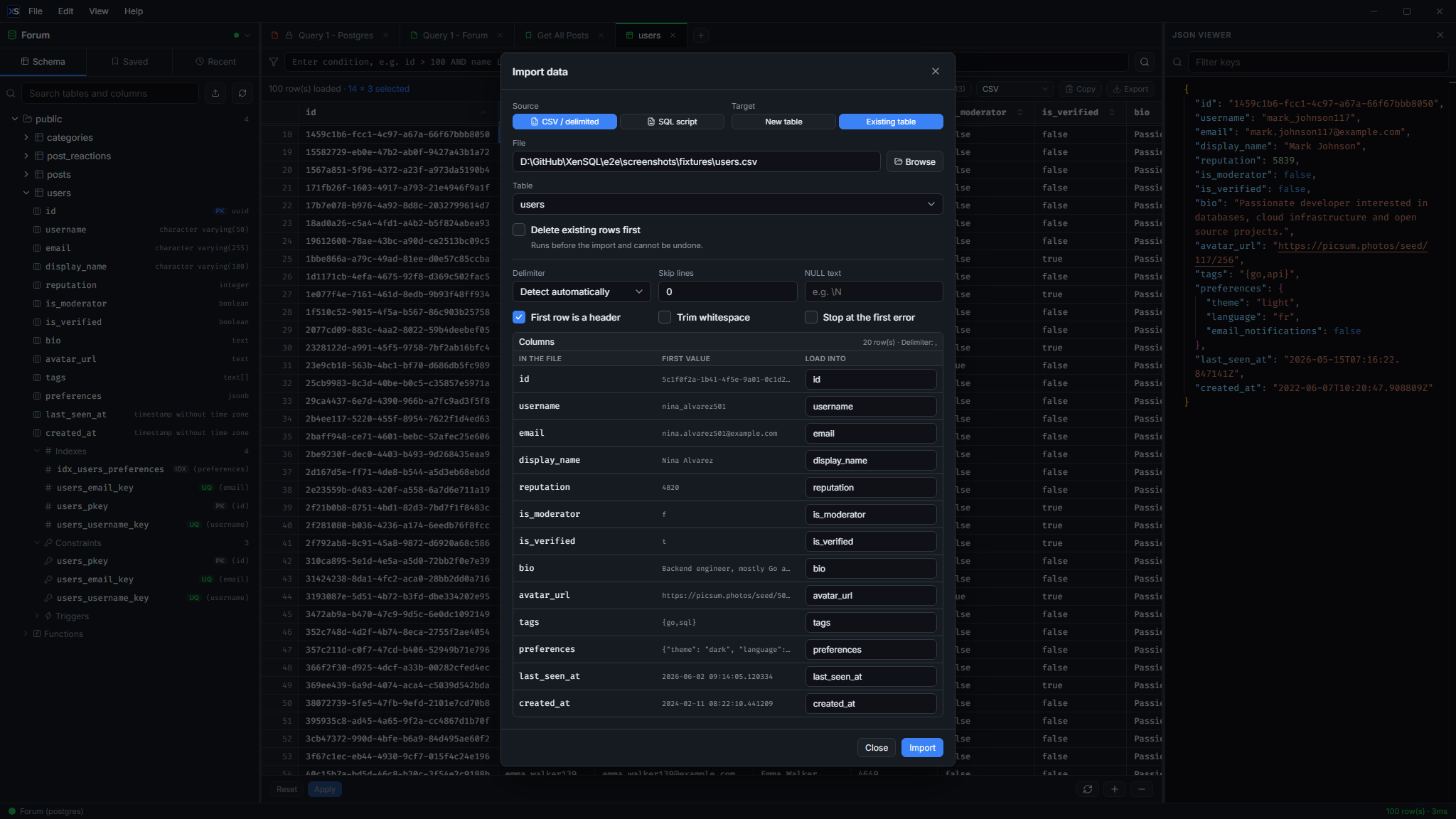 Import dialog with a CSV mapped onto an existing table