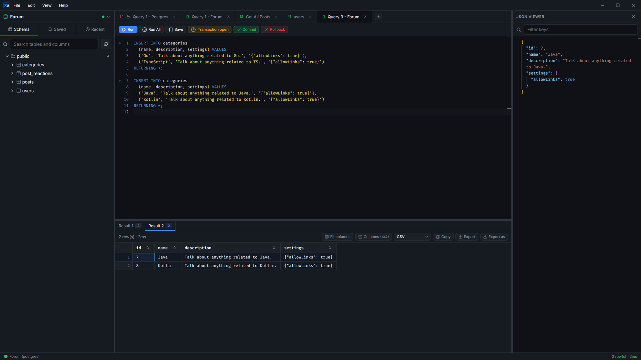 Transactions and multiple result tabs