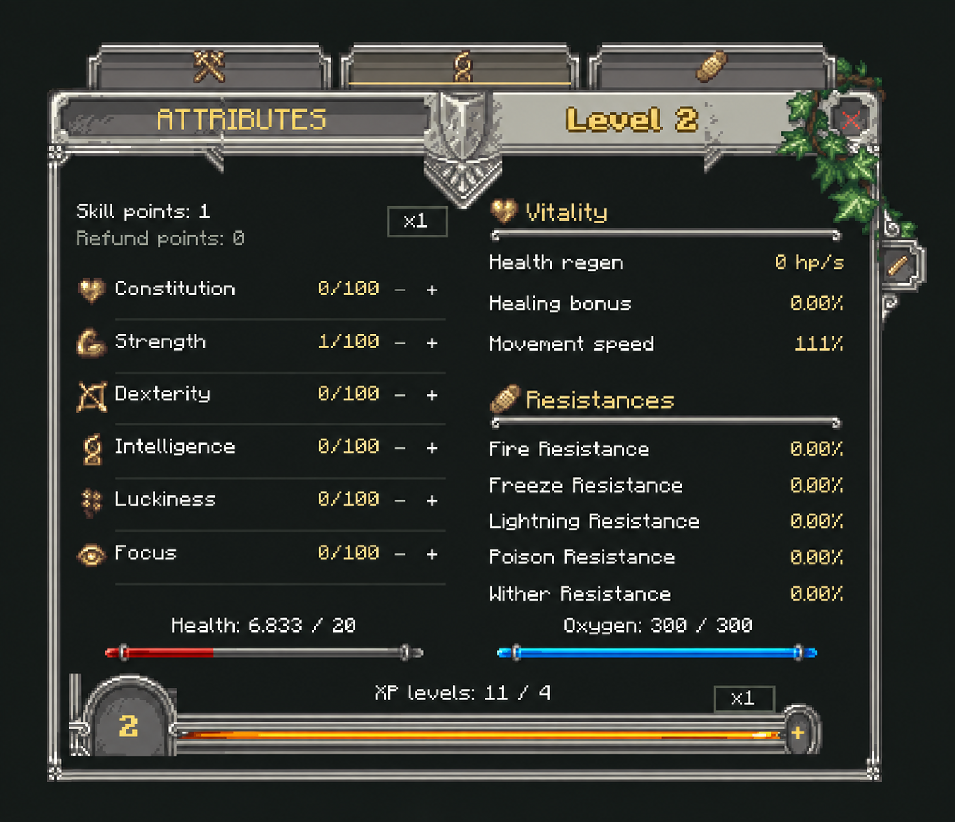 PlayerEx Attributes page with allocation controls, vitality, resistances and resource bars