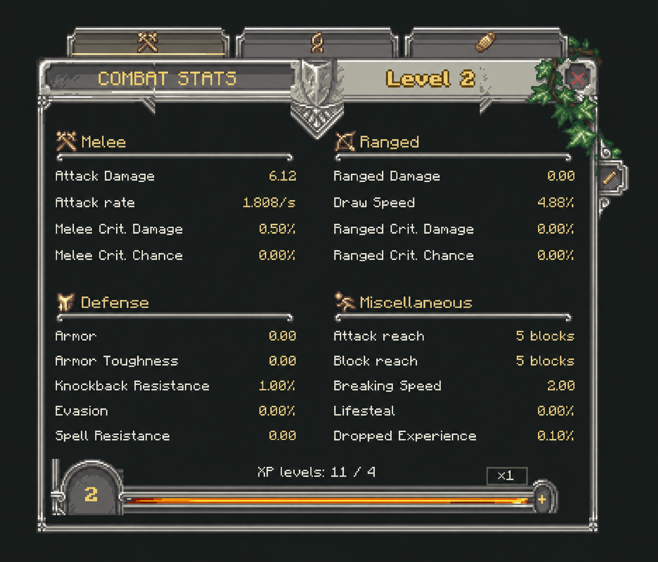 PlayerEx Combat Stats page showing melee, ranged, defense and utility values