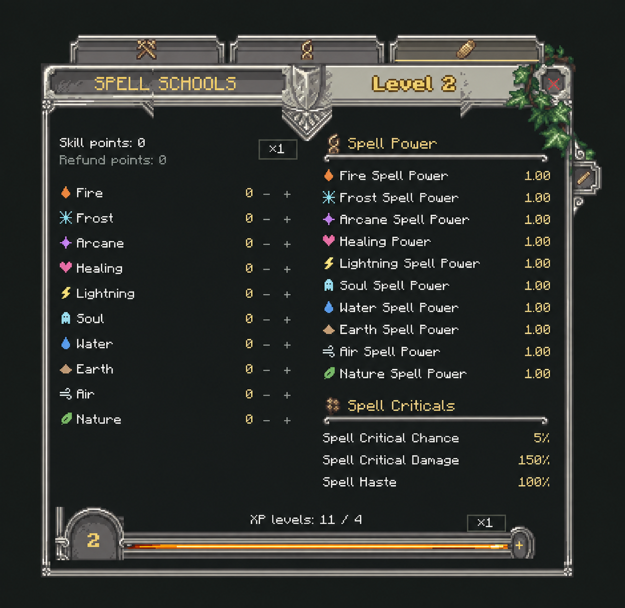 PlayerEx Spell Schools page showing ten magic schools and spell critical values