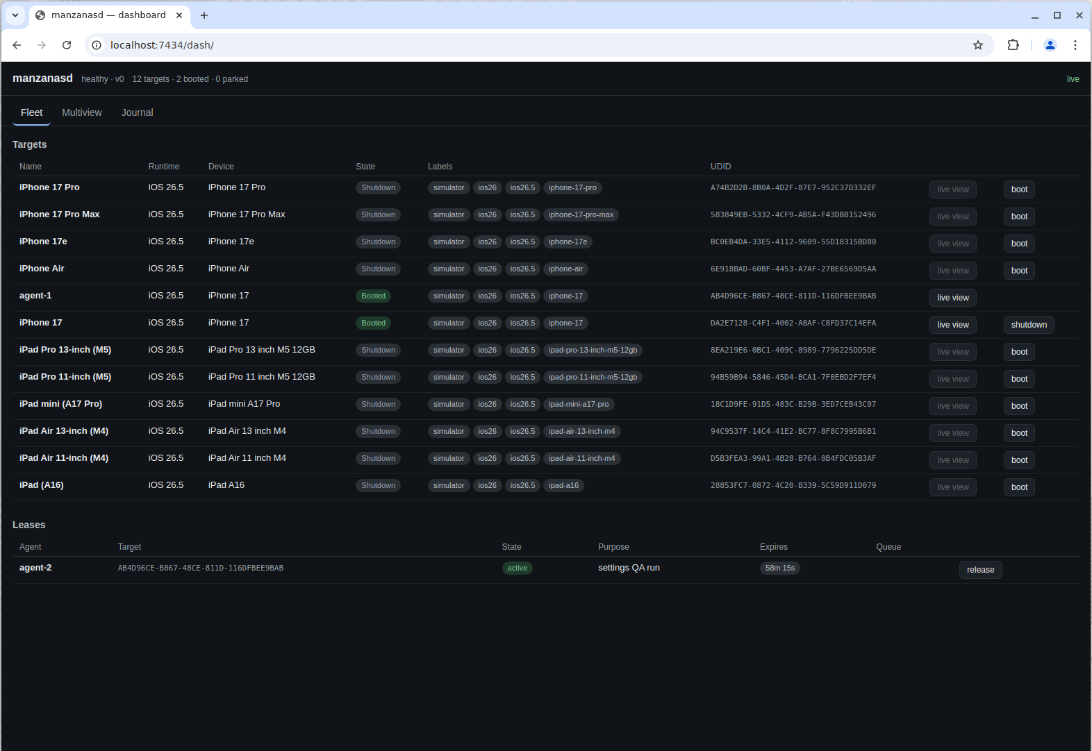 Built-in fleet dashboard at /dash