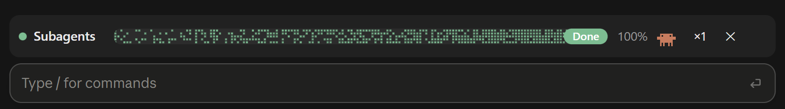 The same bar when the run finishes: a full green track, a green "Done" badge, "100%" and a ×1 crew button