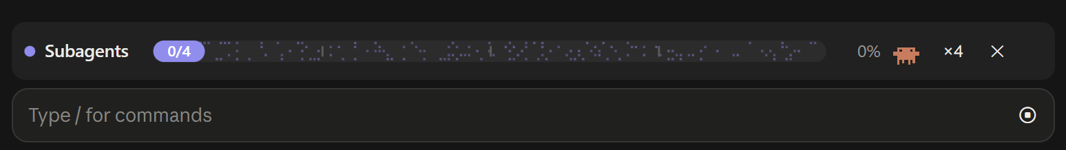 The Subagents bar above the prompt box: "0/4", a progress track, "0%" and a ×4 crew button