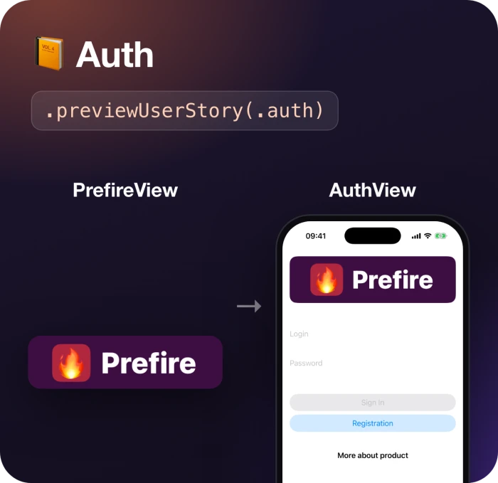 The auth user story in Playbook: PrefireView, then AuthView