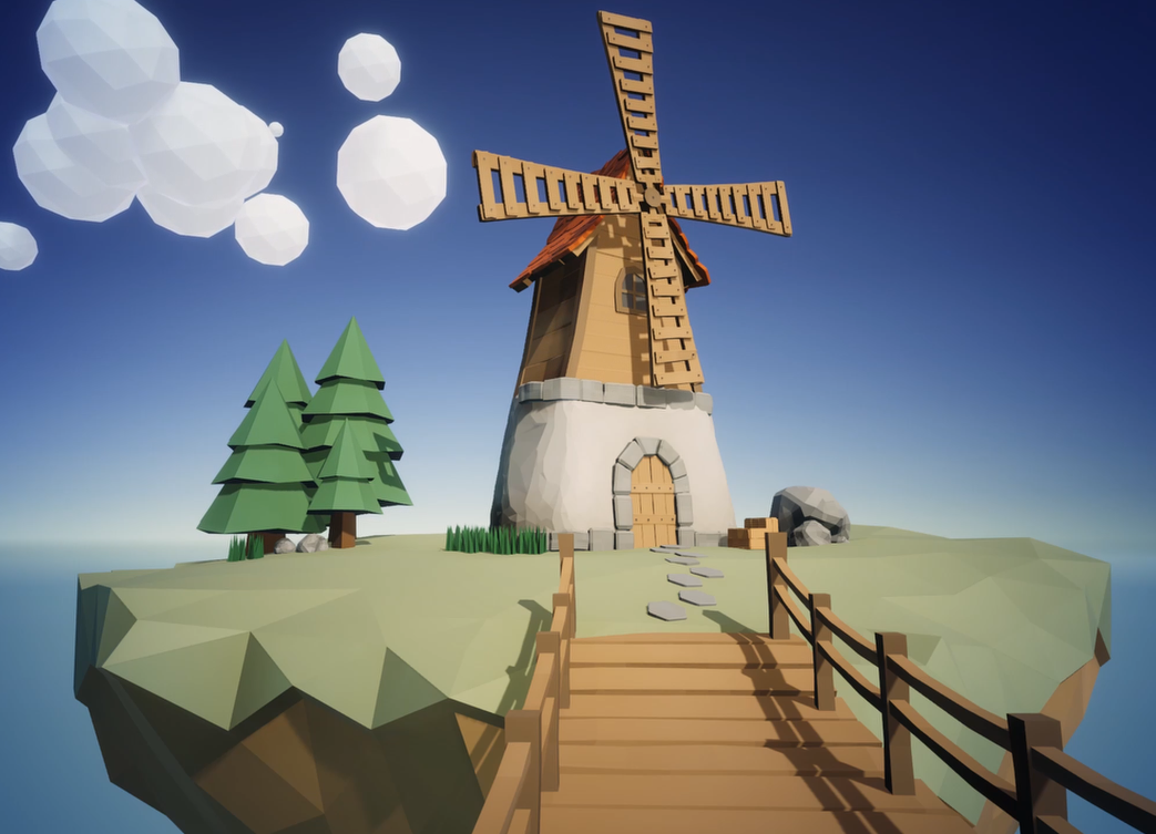 Low Poly Windmill On Flying Island