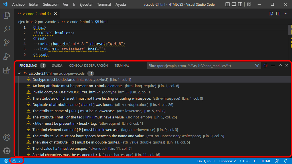 VSC. Errores HTMLHint