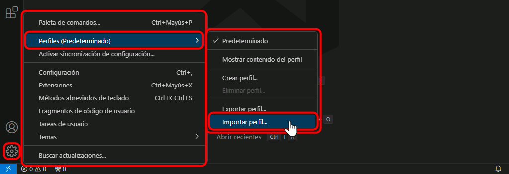 VSC. Importar perfil recomendado