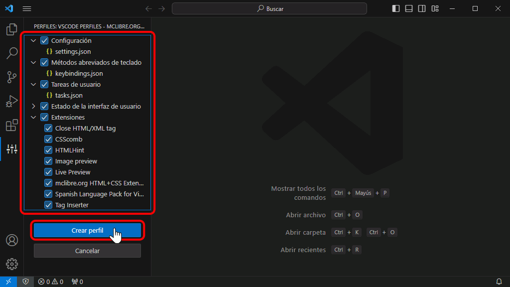 VSC. Importar perfil recomendado