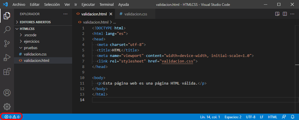 Visual Studio Code. Validación