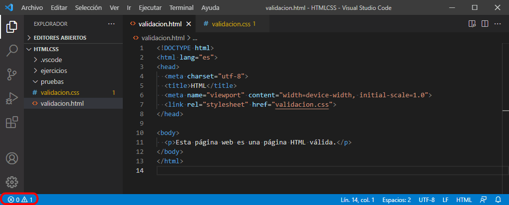 Visual Studio Code. Validación