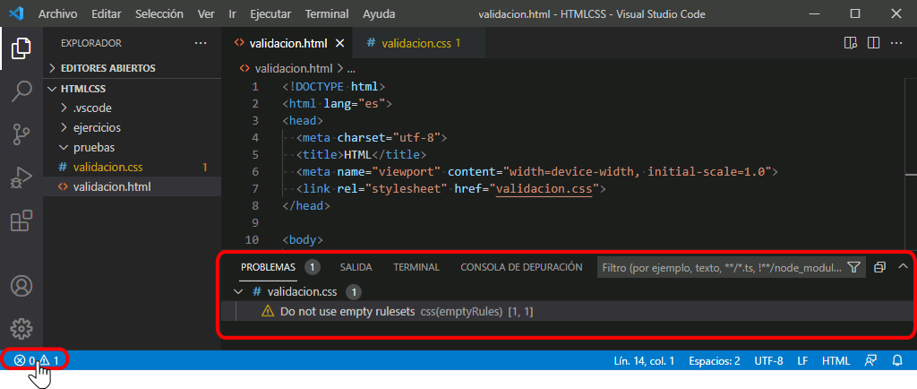 Visual Studio Code. Validación