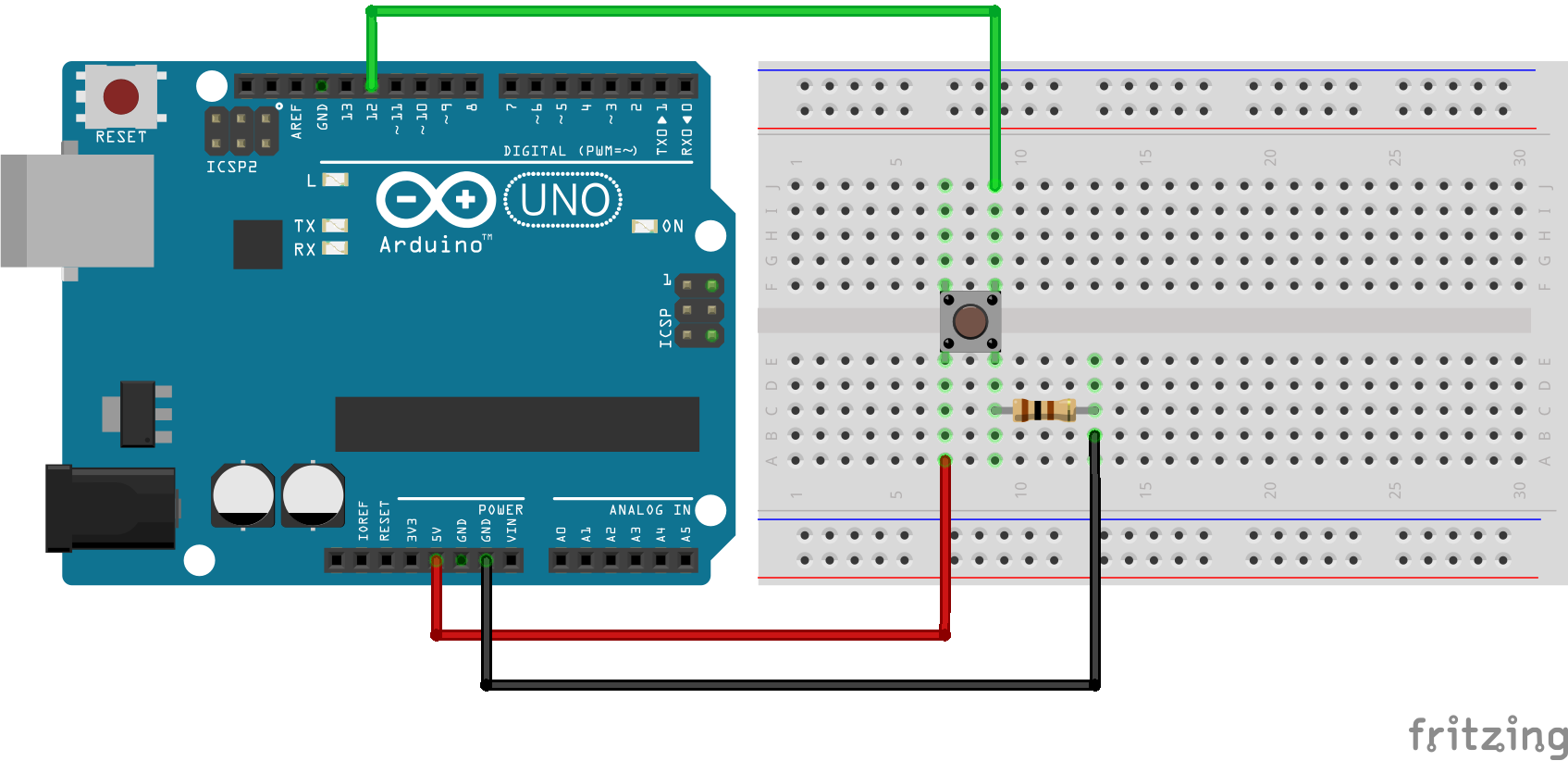 4-pins drukknop aangesloten op de Arduino