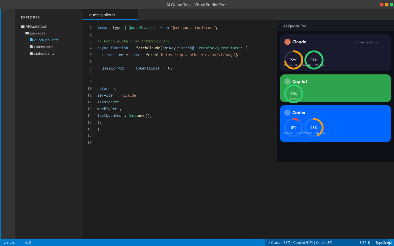 Status bar showing Claude 72% | Copilot 91% | Codex 8%