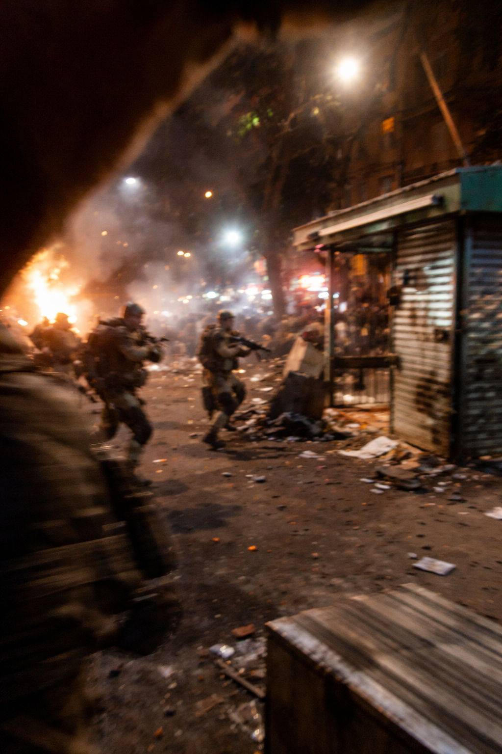 Fotografía de la Batalla de Buenos Aires (2028): toma vertical 9:16, borrosa y casual, con humo, luces y militantes en la calle.