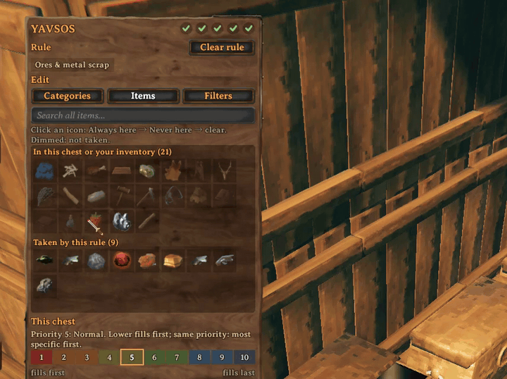 Clicking item icons in the grid: one becomes Always here, another Never here, then clear; the Rule section's chips update.