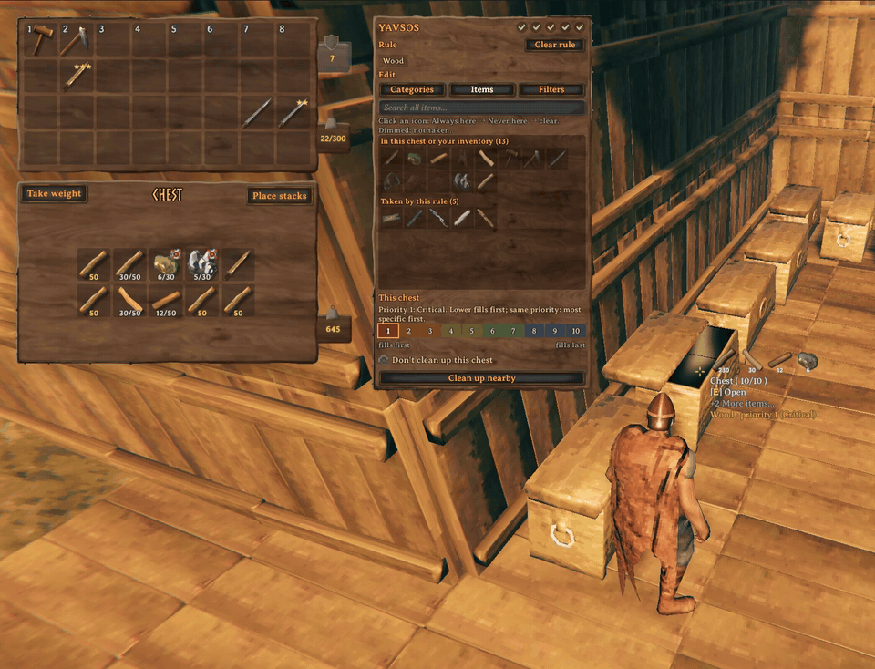 A Wood chest holding a few misplaced ores and a sword; Ctrl + store key: the ores move to the Ores chest, the sword stays (no chest takes it), and the result panel says so.