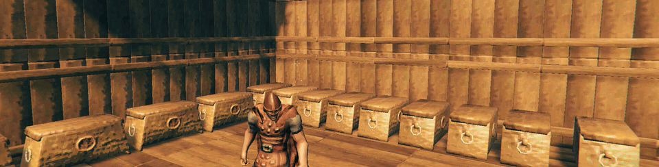 Standing among a few ruled chests (Ores, Food, Wood), one press of the store key: the inventory empties into the right chests, and the result panel lists what went where. The first thing a store page shows.
