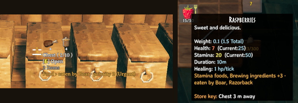 Two parts: a chest's hover label ("Food › eaten by Boar · priority 2 (Urgent)") and an inventory tooltip with the item's categories and where it would go.