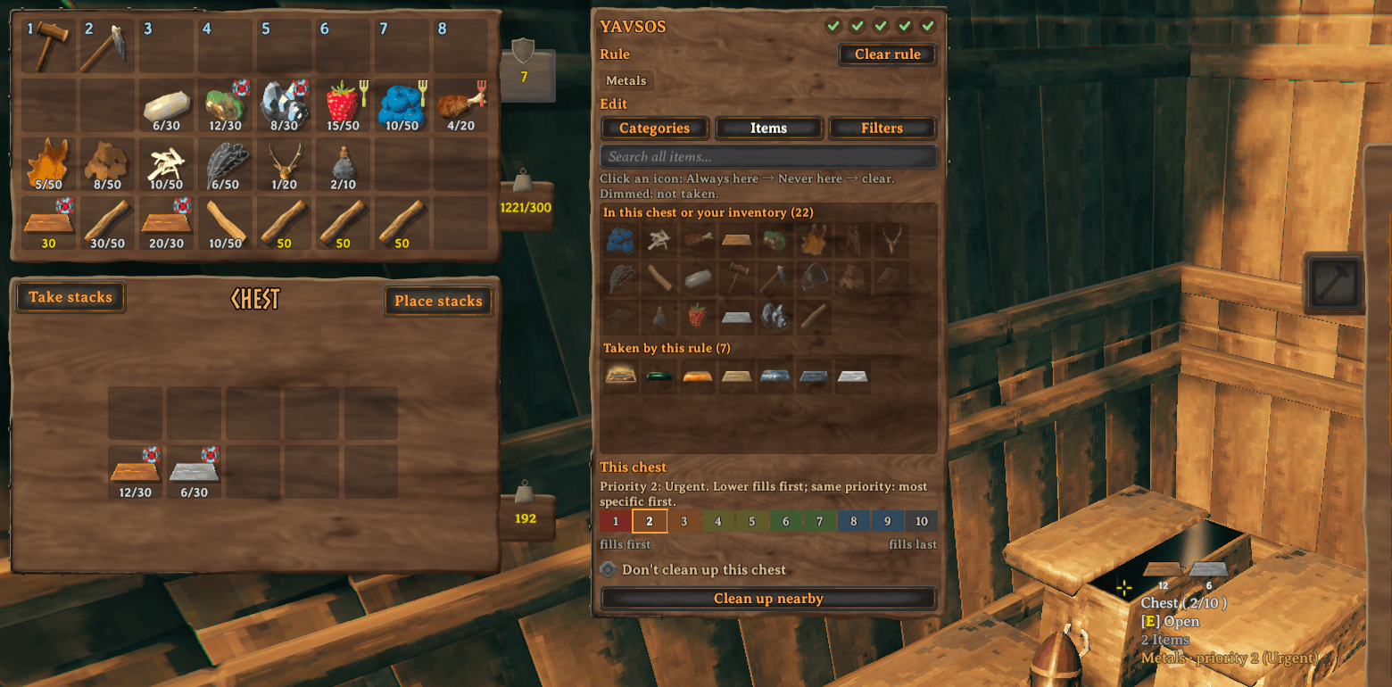Two chests that both take Copper, one at priority 2 (Urgent) and one at 5 (Normal), with the priority bar visible on the first.