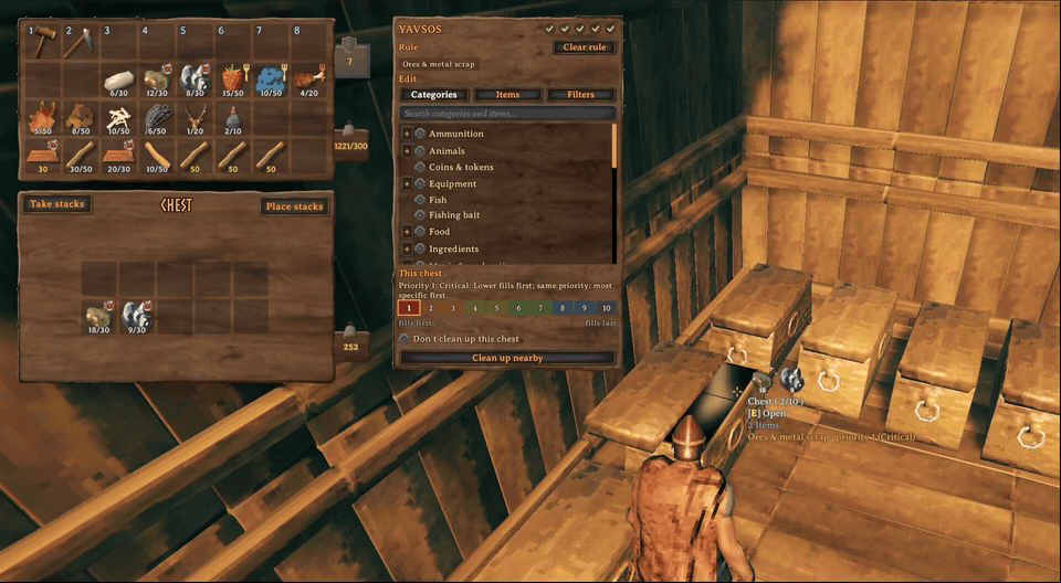 Typing an item name in the panel's search: nearby chests that take it light up.