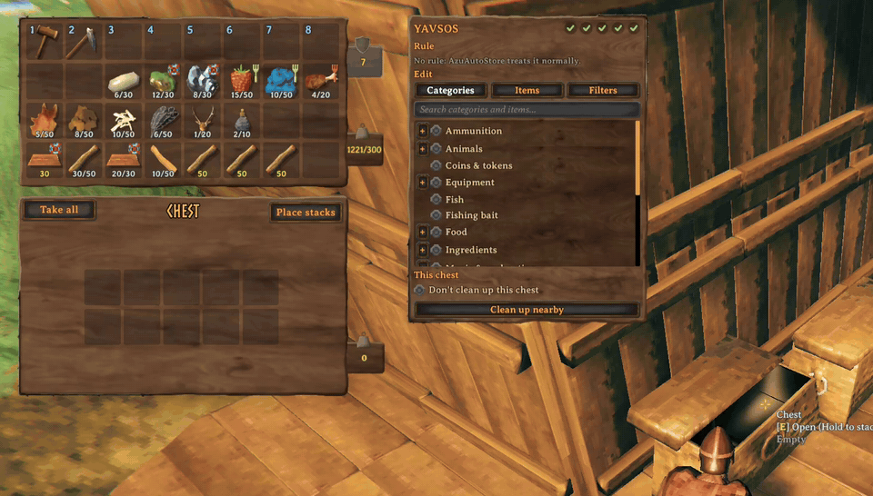 An empty chest: search "ore", tick Ores, the item grid fills with every ore including ones not found yet, "Rule saved."