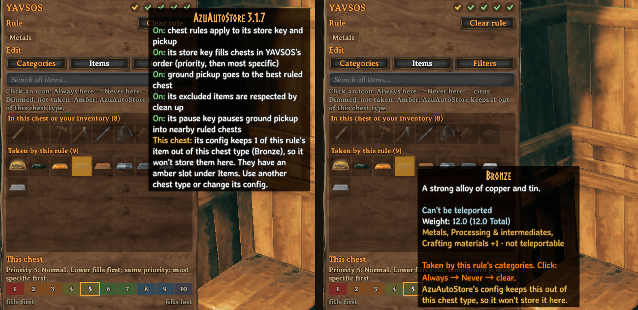 The marks at the top right with the AzuAutoStore mark's hover open, showing its amber caution, and the matching amber slots in the item grid.