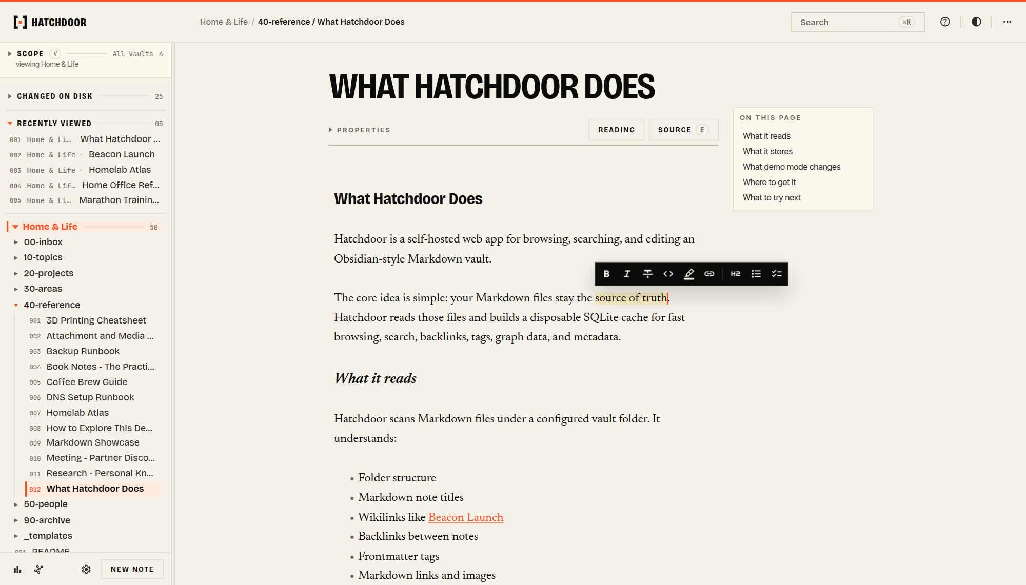 Hatchdoor editing a note: vault explorer on the left, the live editor in the centre with its formatting toolbar over a selected phrase, and an on-this-page outline on the right