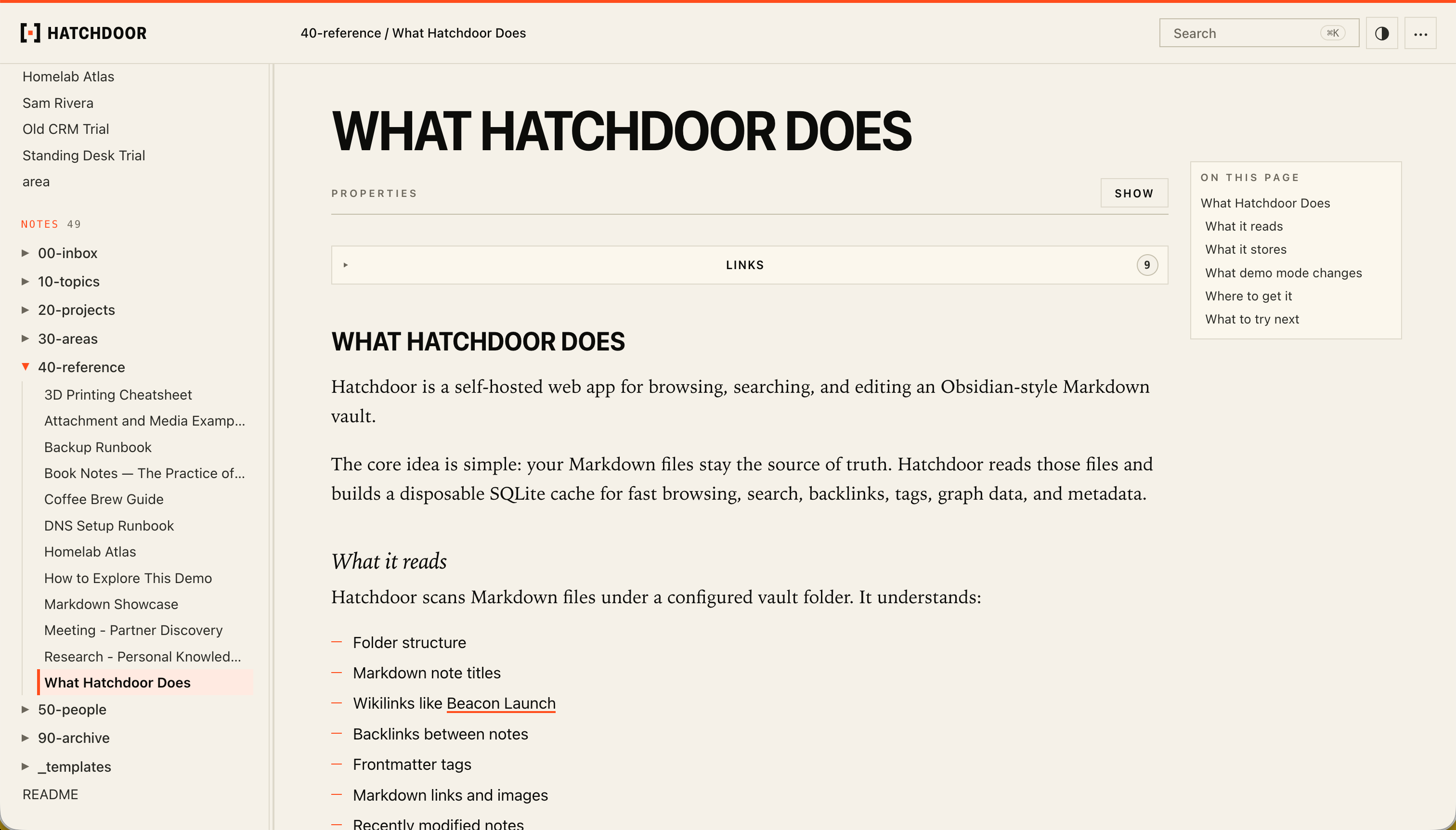 Hatchdoor browsing a note: vault explorer on the left, rendered Markdown with wikilinks in the centre, and an on-this-page outline on the right