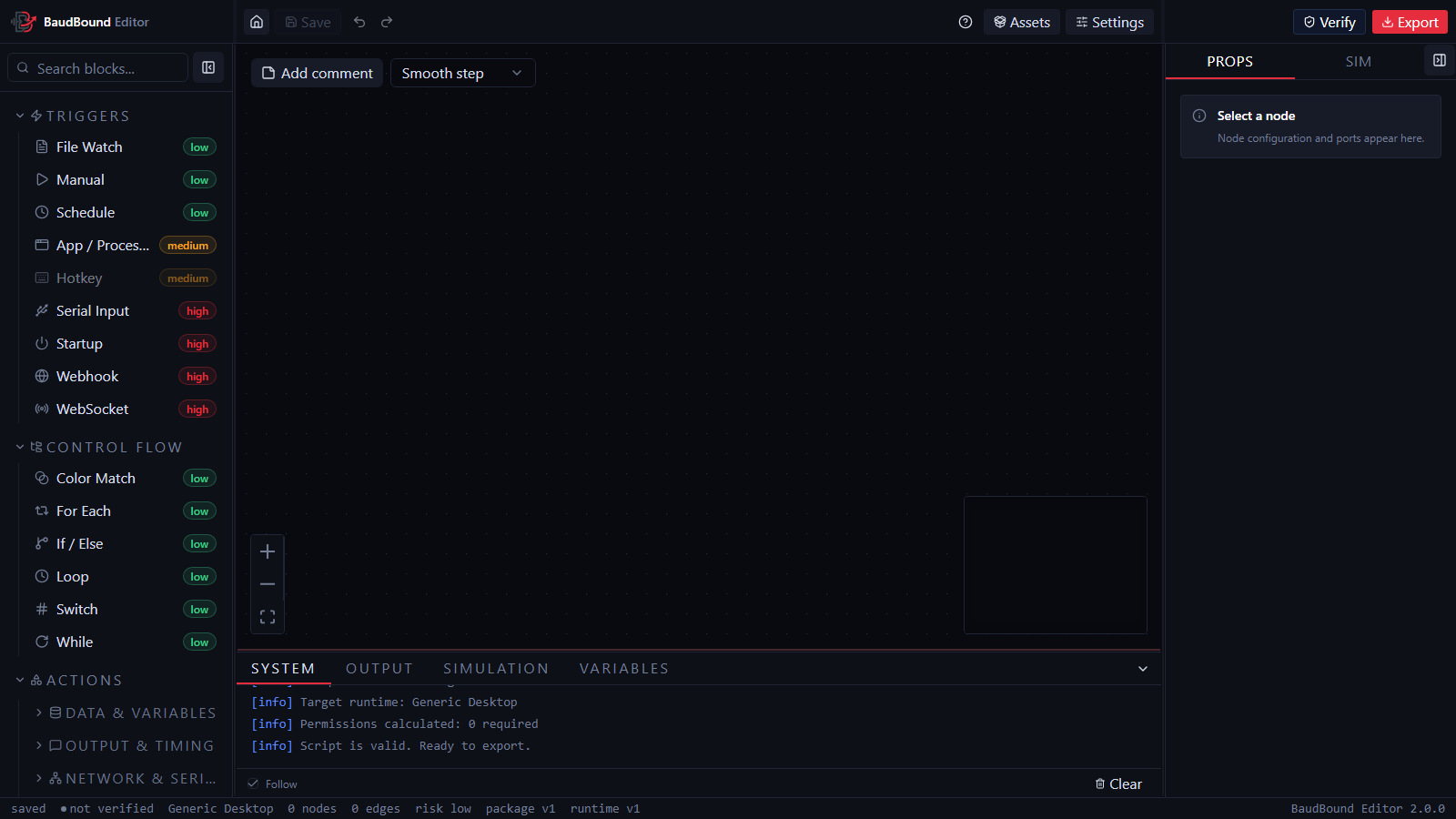 BaudBound editor with the node library on the left, graph canvas and output console in the center, and inspector on the right