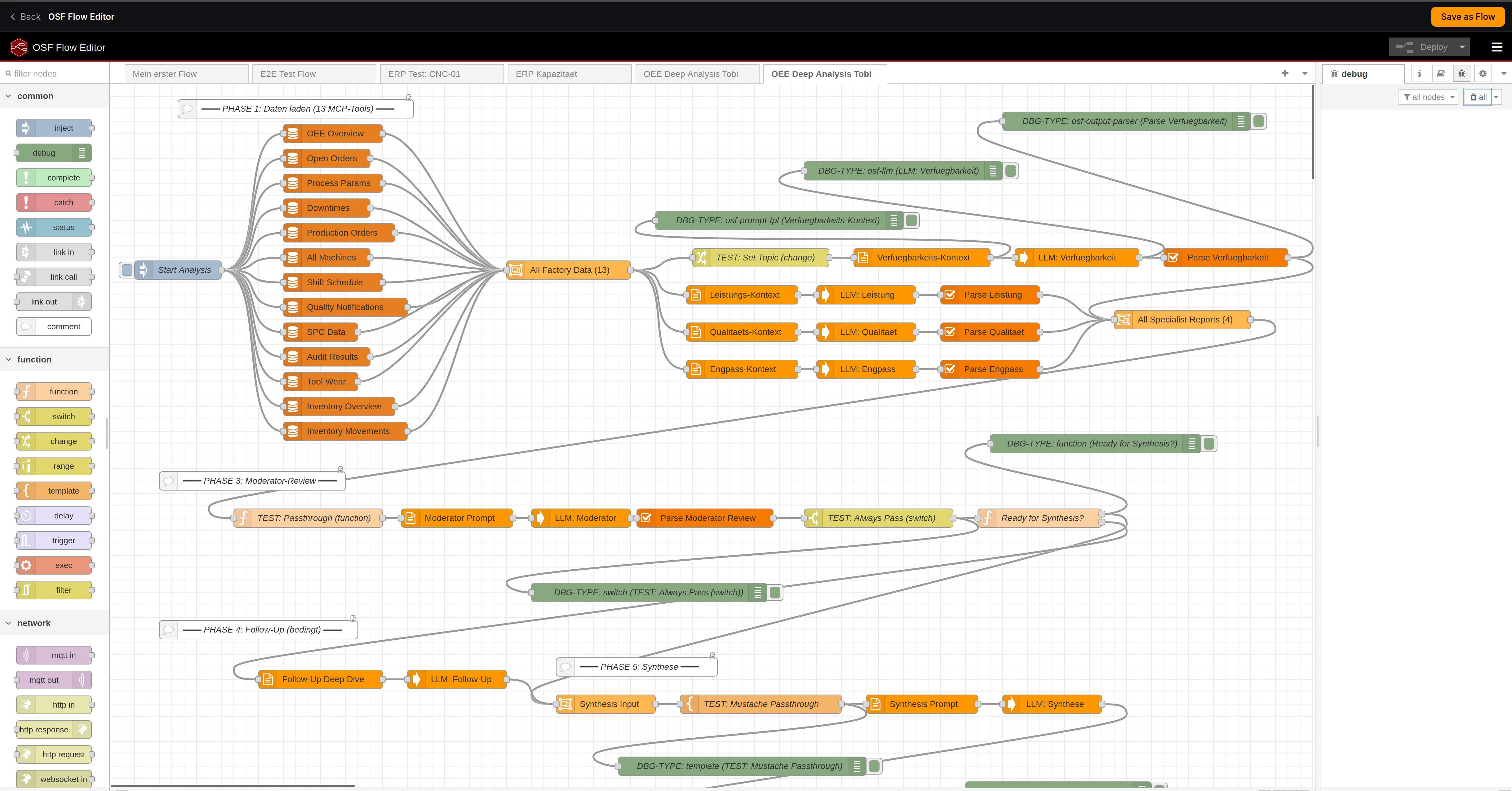 AI agent flow in Node-RED — manufacturing OEE deep analysis using MCP tools